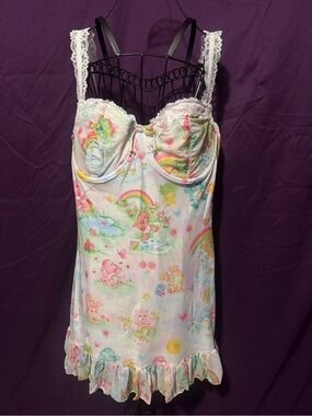 Dolls Kill Pastel Care Bears Lace-Trim Chemise - White with Multicolor Prints